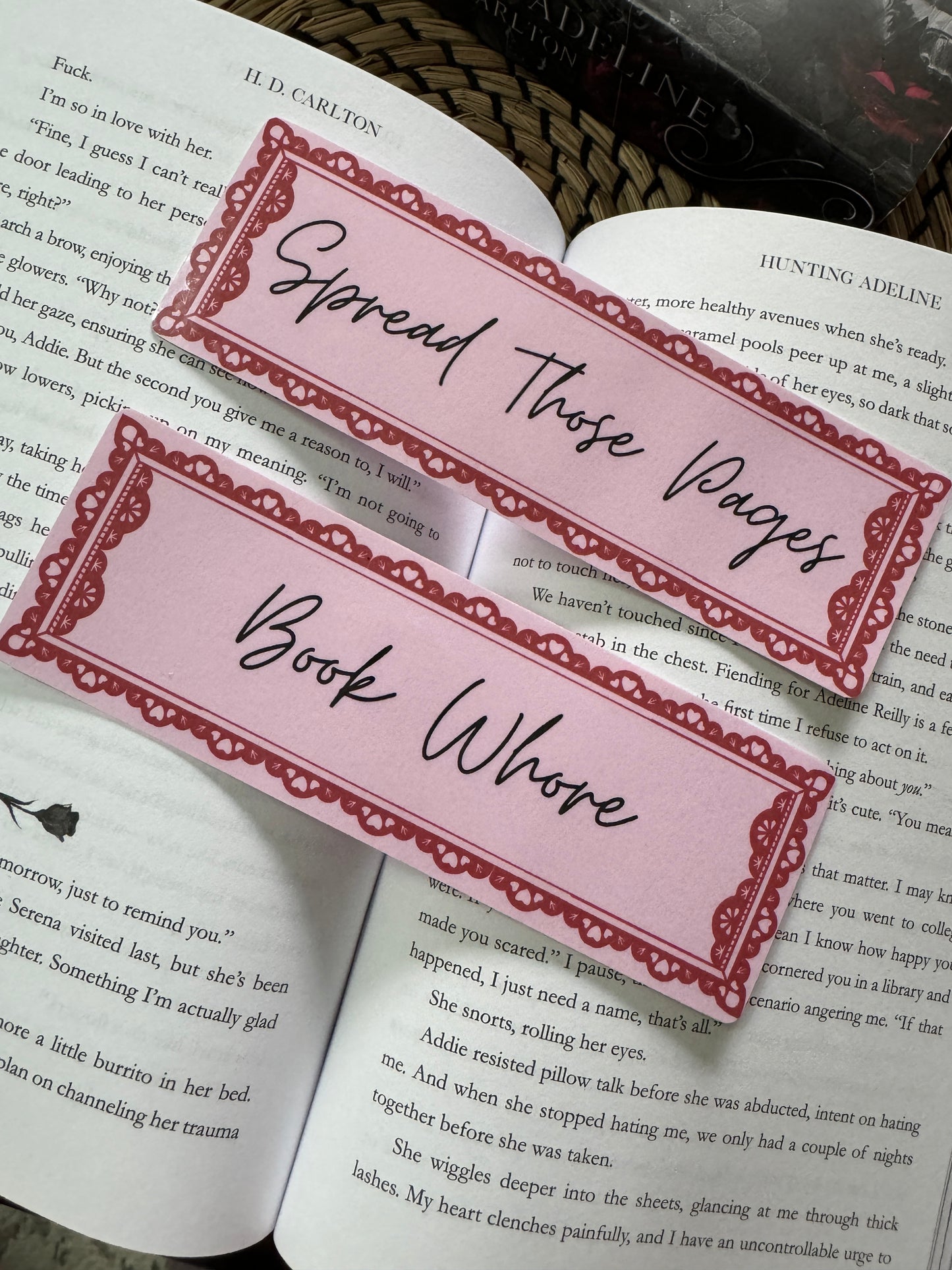Bundle of 2 Spicy Bookmarks which include the "Spread Those Pages" and "Book Whore" phrases