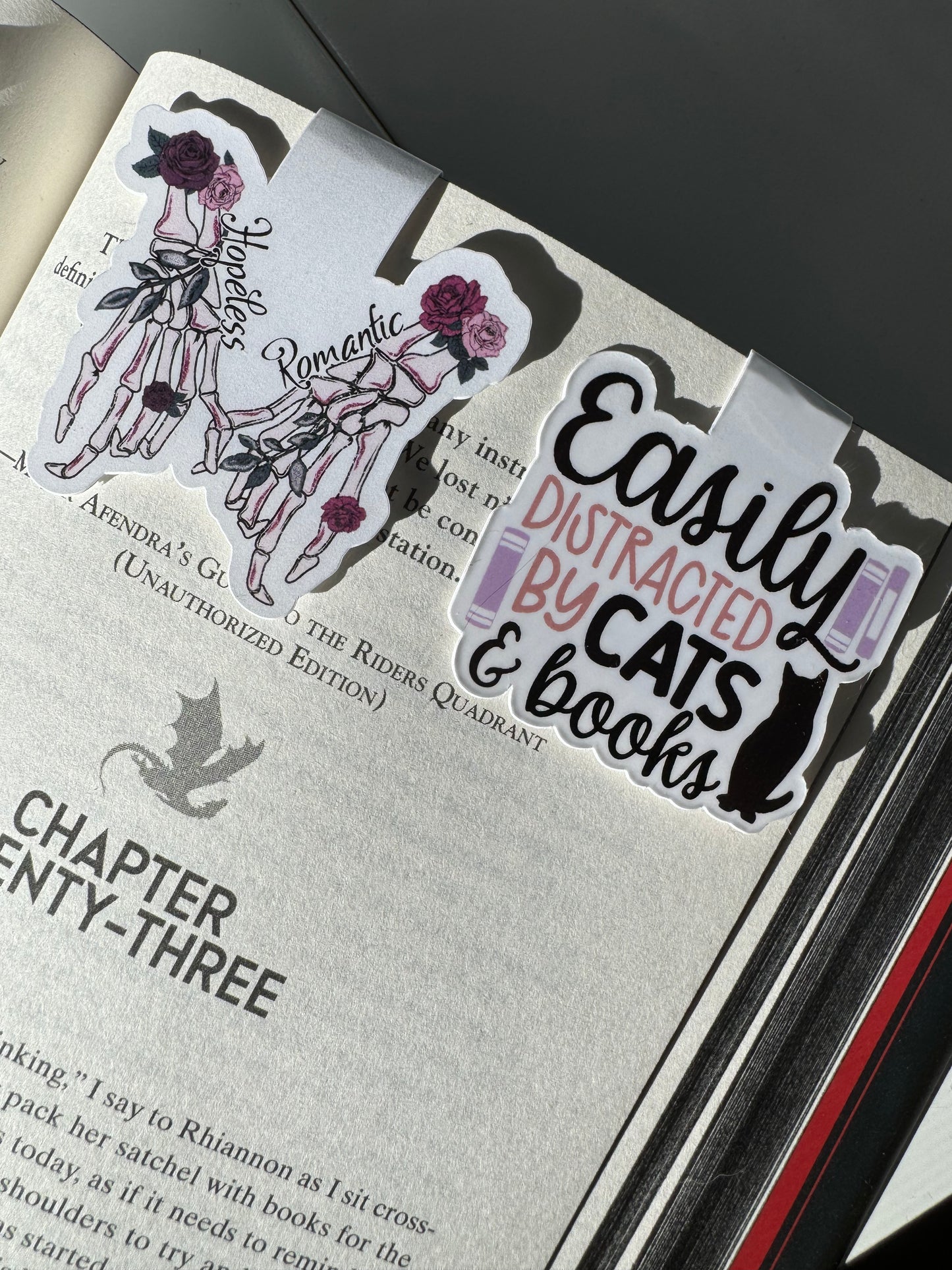 Hopeless Romantic Quote Magnetic Bookmark with skeleton hands and roses