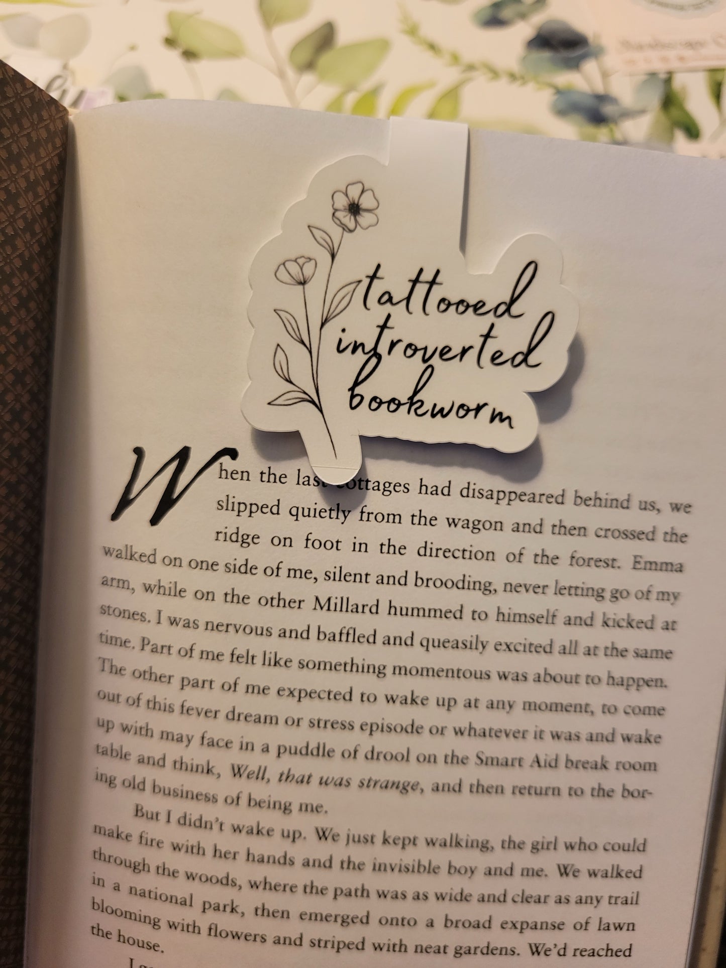 "Tattooed Introverted Bookworm" magnetic bookmark with a flower