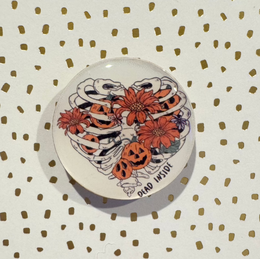 Dead Inside Mini Magnet with skeleton ribs with orange pumpkins and flowers with quote "Dead Inside"