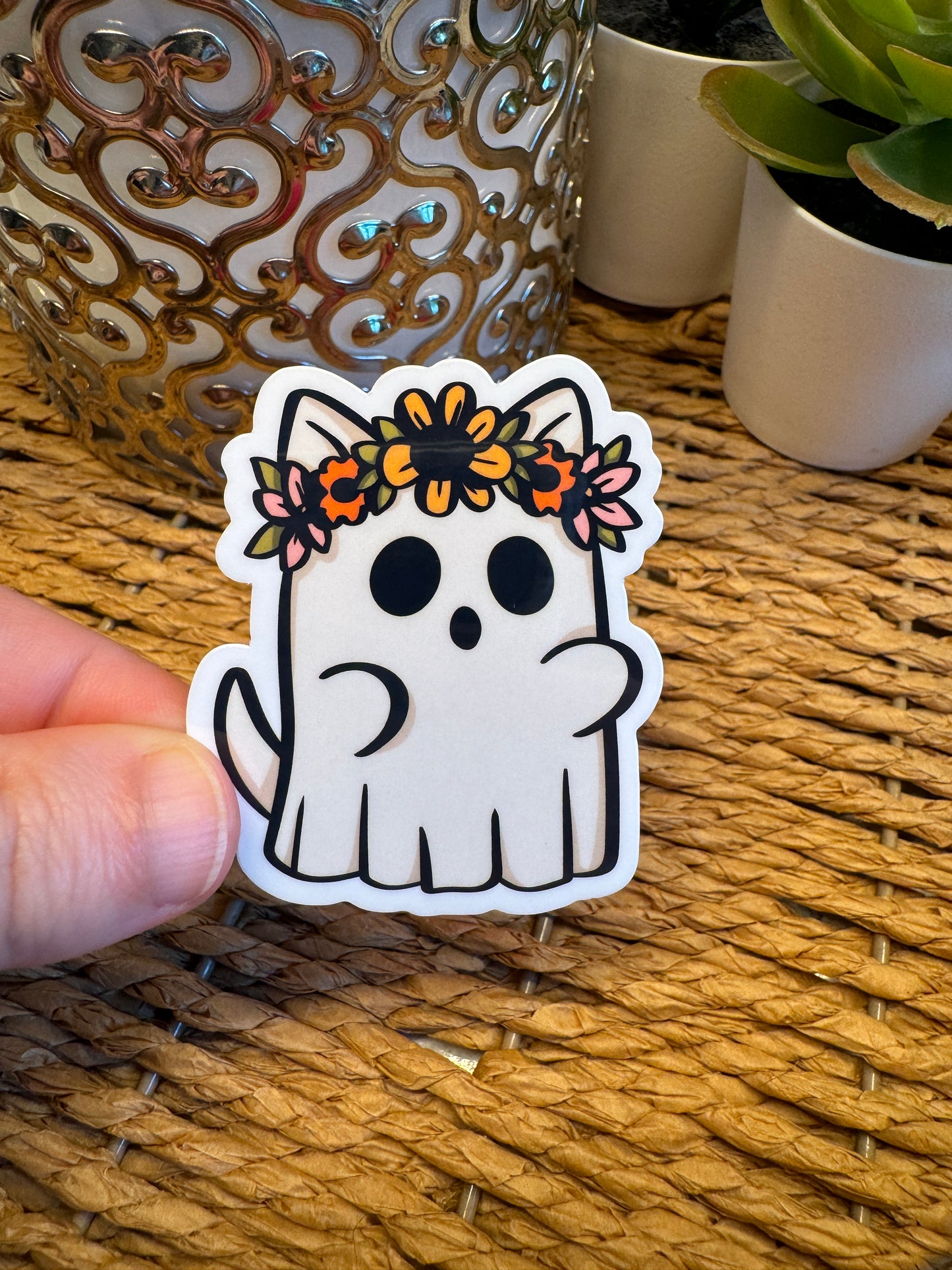 Floral Ghost Cat 1 Sticker