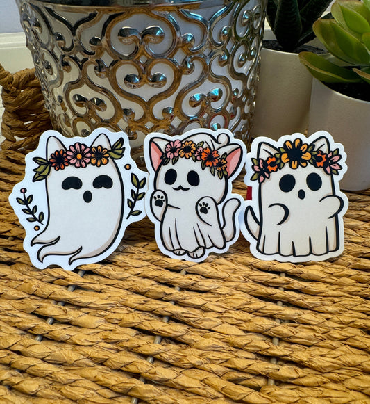 Floral Ghost Cat Sticker Bundle